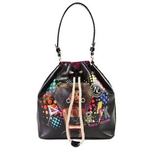 NWT Nicole Lee Black Bucket Bag Drawstring Multicolor Graphic Shoulder Bag